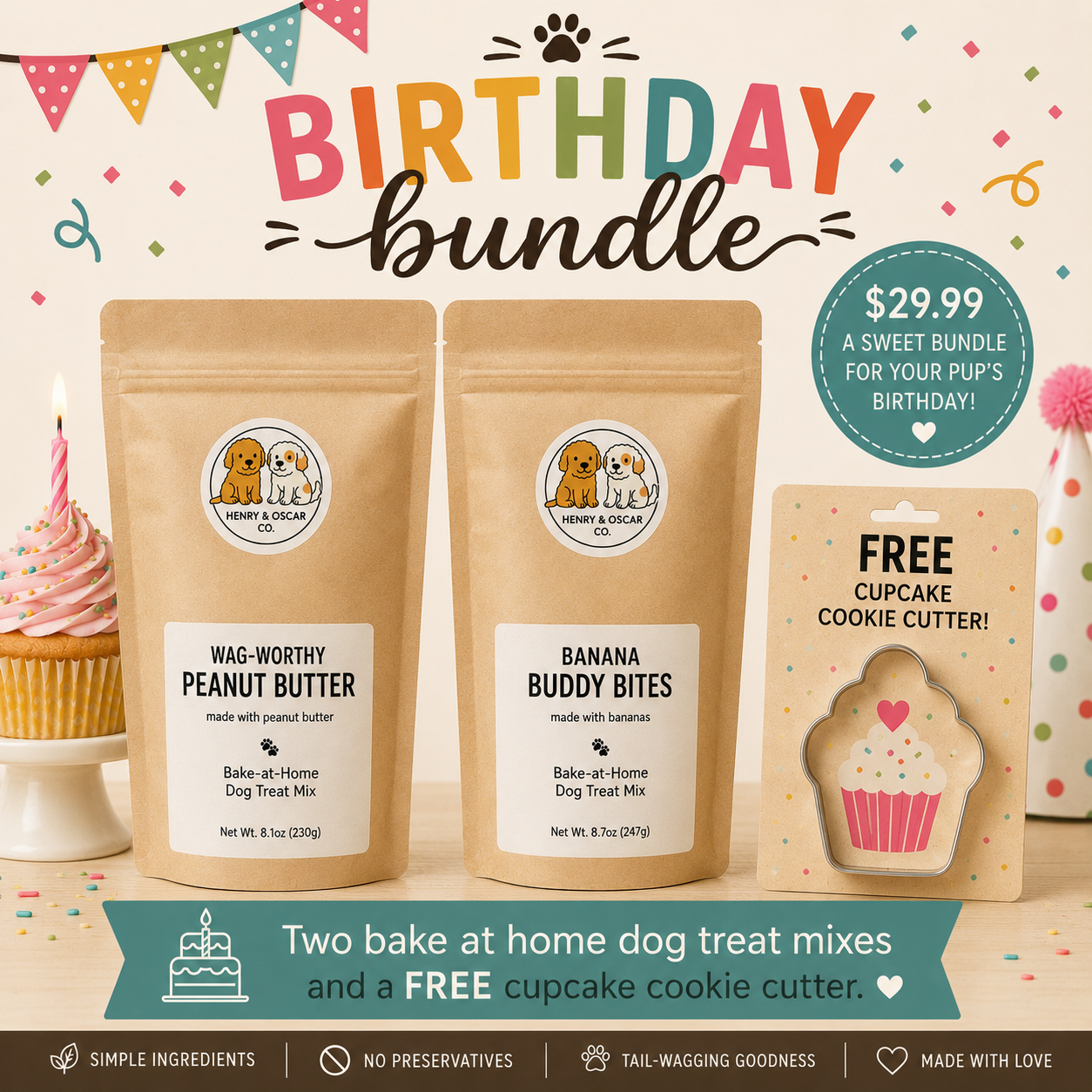 Birthday Bundle- Peanut Butter & Banana Dog Treat Mixes + FREE Cupcake Cookie Cutter